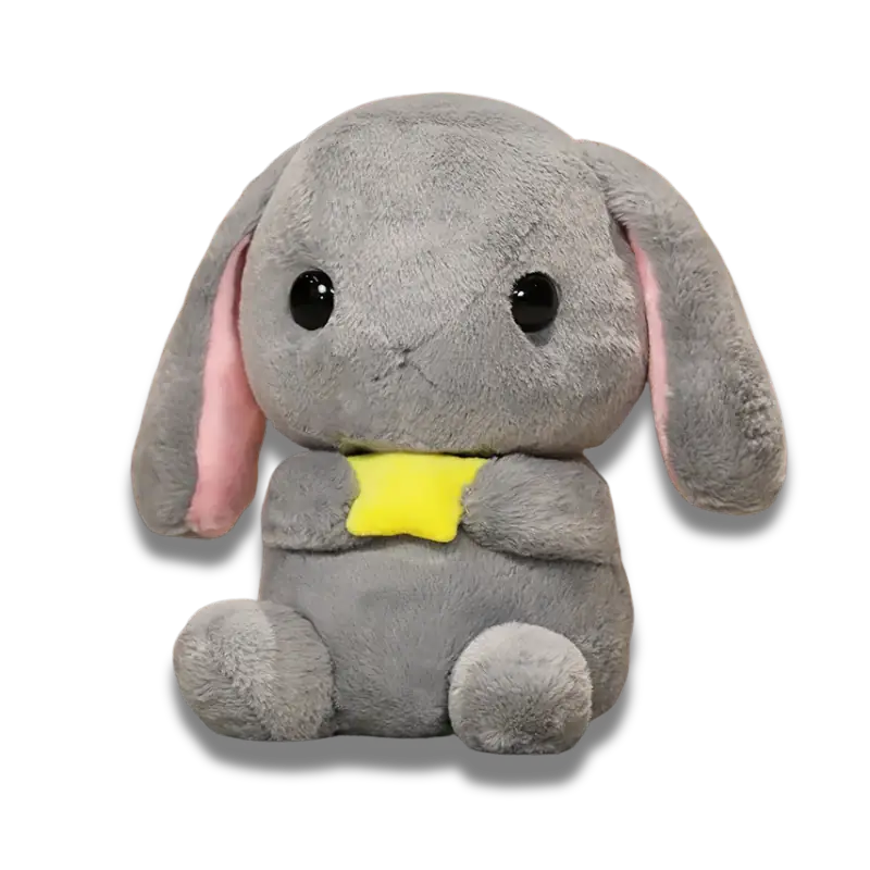 Un Doudou Bébé Lapinou de couleur gris avec une petite étoile entre ses pattes