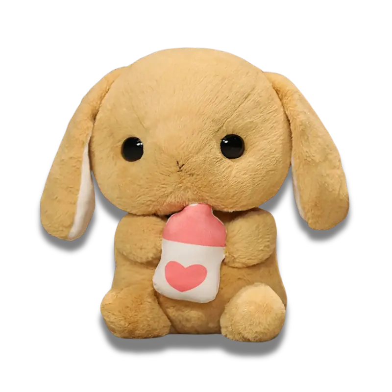 Un Doudou Bébé Lapinou de couleur caramel avec un biberon entre ses pattes