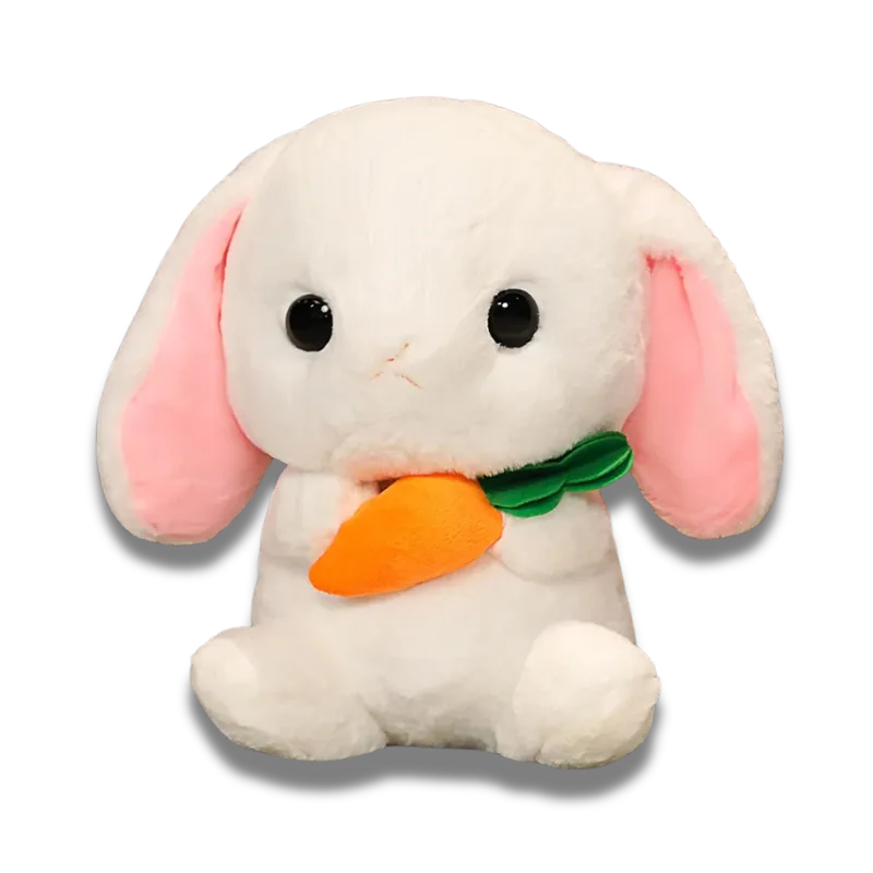 Un Doudou Bébé Lapinou avec une carotte entre ses pattes et de couleur blanche comme la neige
