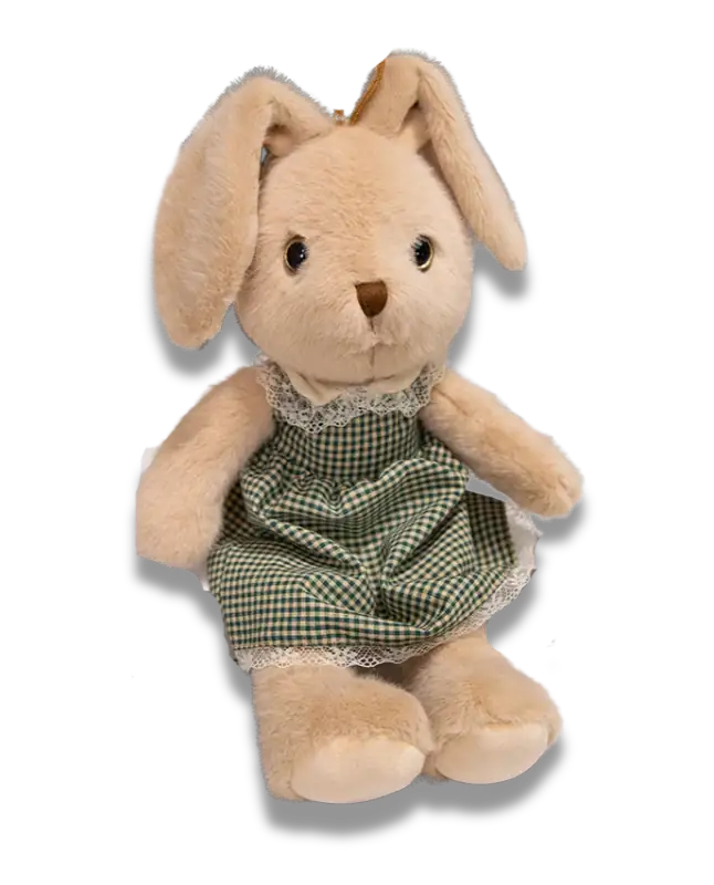 Doudou Lapin Beige, Alva avec une robe verte et des longues oreilles