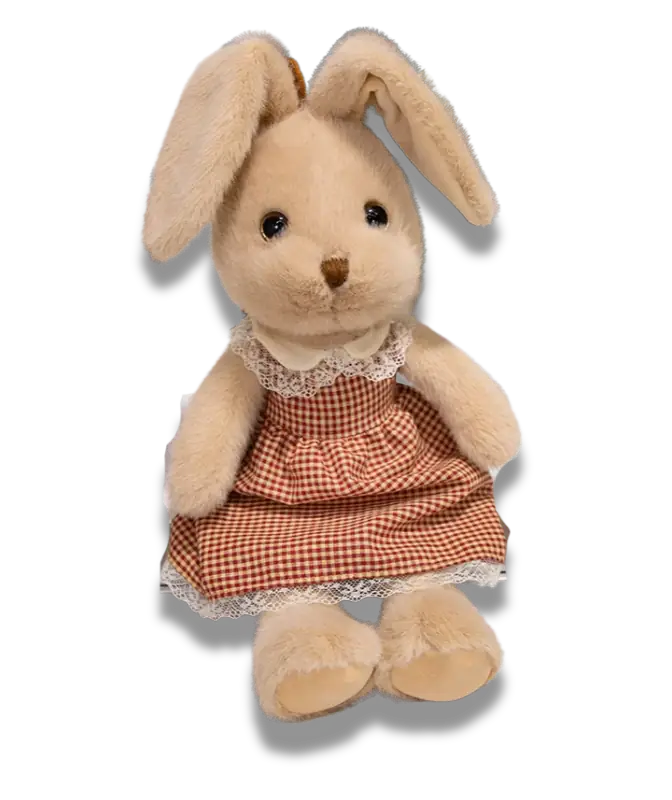 Doudou Lapin Beige, Margo avec une robe rouge et des longues oreilles